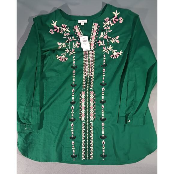 NWT J.Jill Green Meadow Embroidered Tunic Top XL Cotton Boho Floral Blouse - Picture 1 of 6